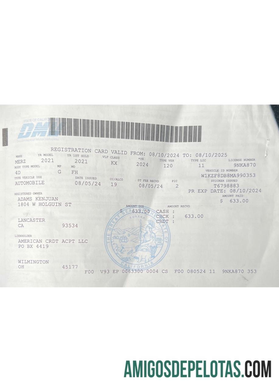 USA California Vehicle Registration License amostra